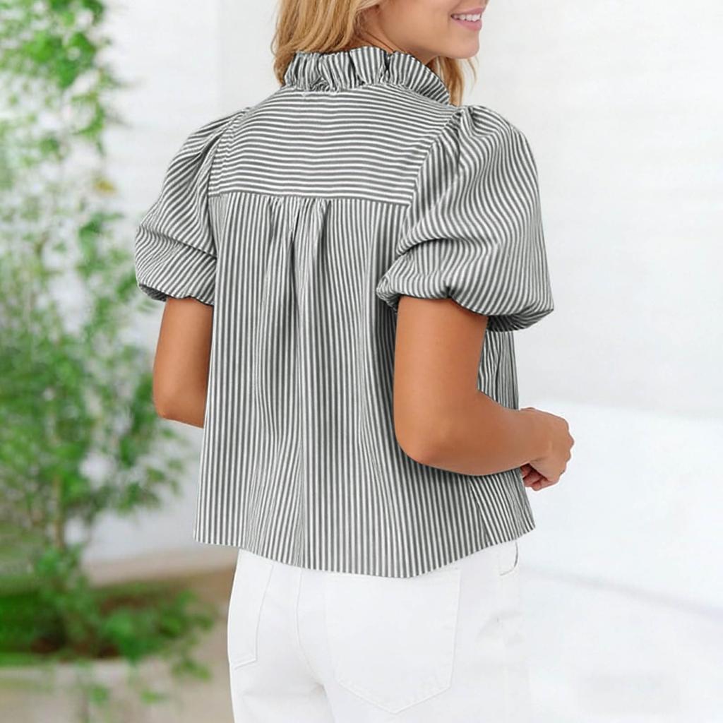 Damska stylowa koszula casual w paski z marszczonymi krótkimi rękawami i stojącym kołnierzykiem Luźny top T-shirt