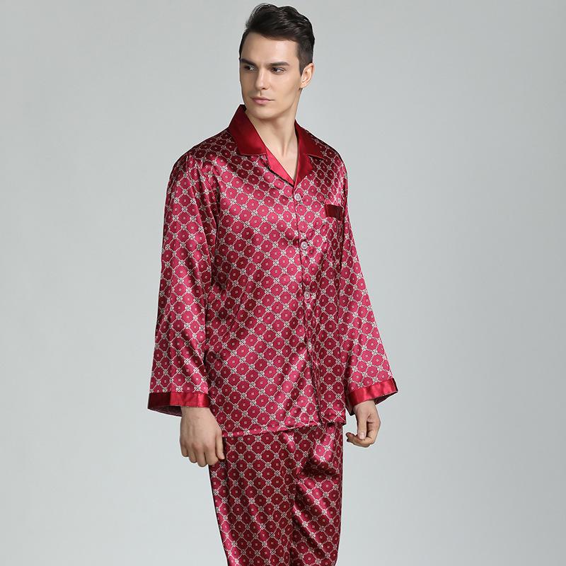 Men's Silk Print Pajamas Set - Long Sleeve Ice Silk Sleepwear for Spring/Summer, Plus Size Available