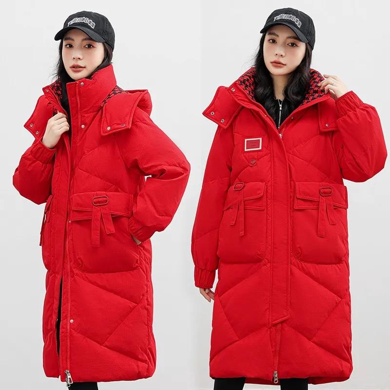 Langer Daunenmantel mit Kapuze für Damen, koreanischer lockerer Parka mit Baumwolle-gefütterter Winterjacke für Damen, dicke warme Pufferjacke