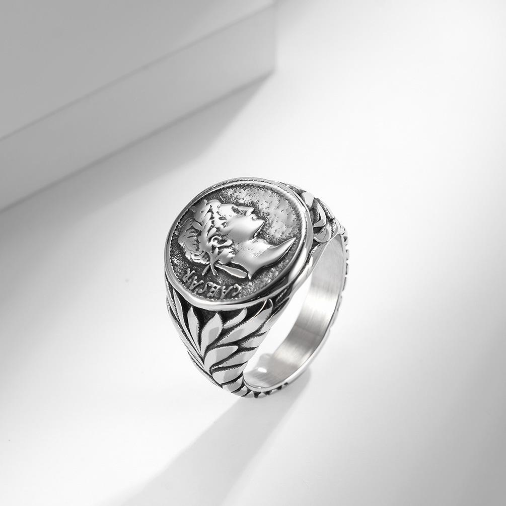 European and American Style Roman Empire Julius Caesar Stainless Steel Ring Ring, Retro Coin Caesar Head Hipster Jewelry