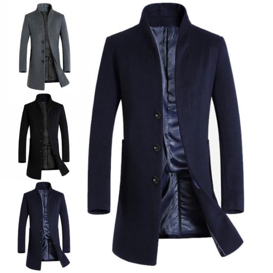 Men Winter Warm Solid Color Woolen Trench Coat Outwear Overcoat Long Jacket