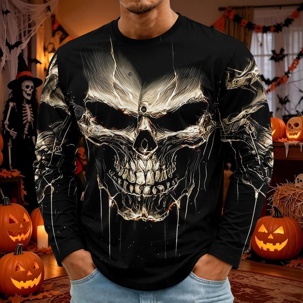 Men's Halloween Print Long Sleeve Round Neck T-Shirt Fashionable Top