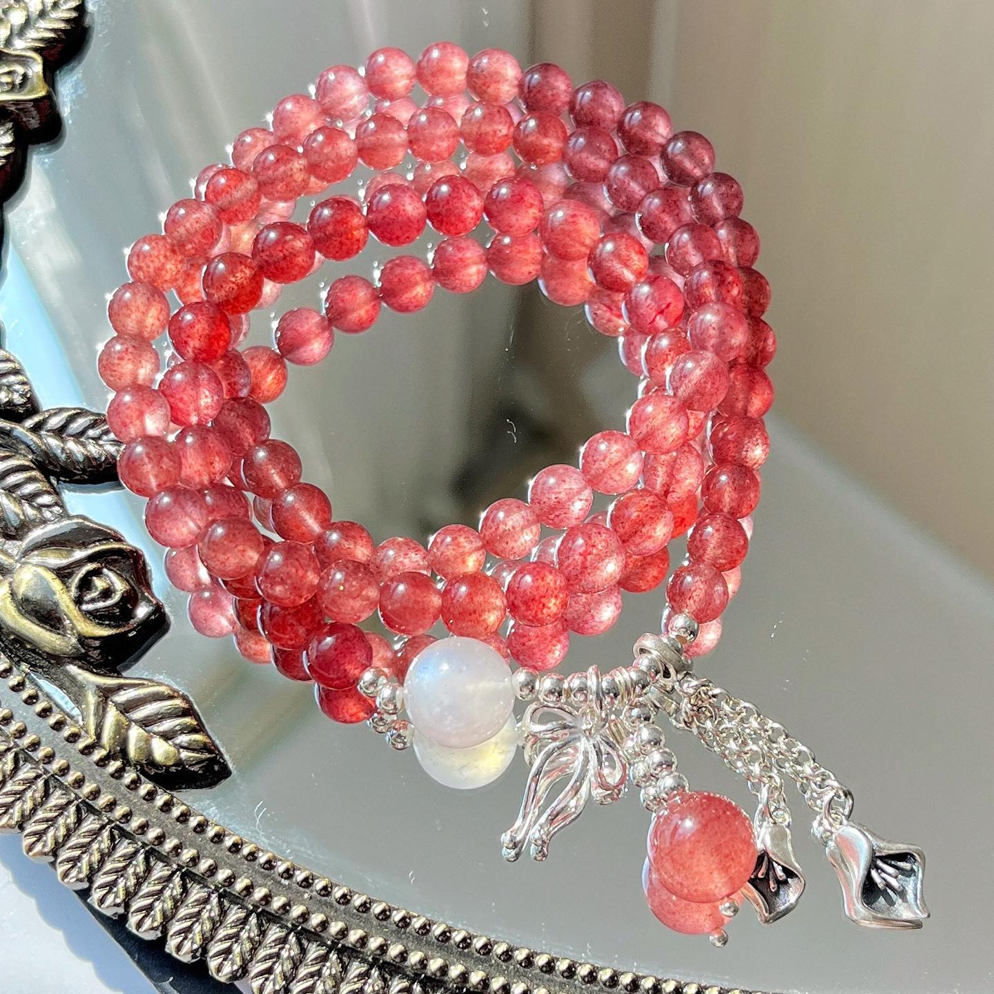 925 Silver 6Mm Pigeon Blood Red Natural Strawberry Crystal Moonstone Multi-Circle Bracelet Bracelet