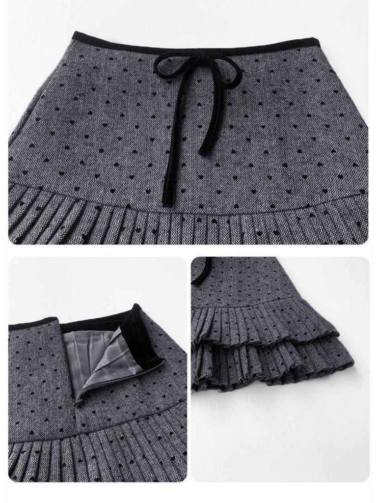 Women's Plus Size Grey Polka Dot Knit Wool A-Line Pleated Short Skirt with High Waist