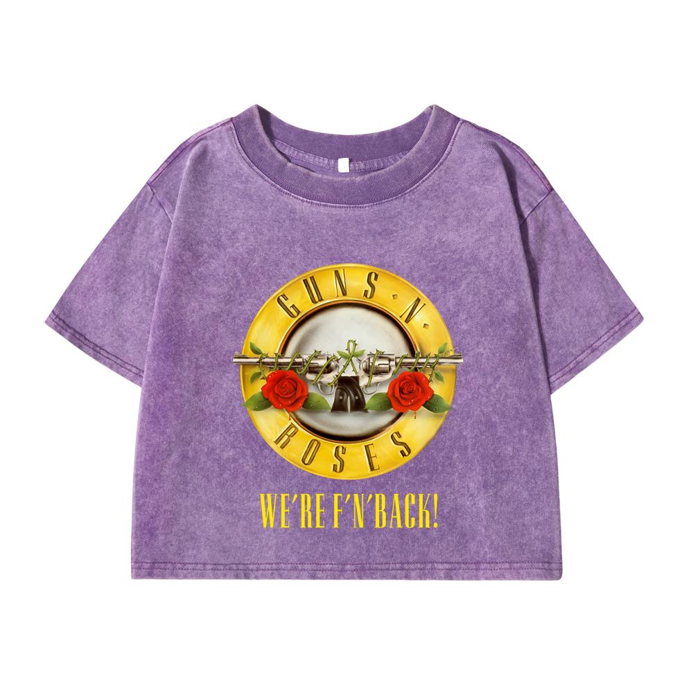 Women'S Cotton Crop Tops Distressed O-Neck Washed T-Shirts Roses And Guns Printing Short Sleeve Street Clothes