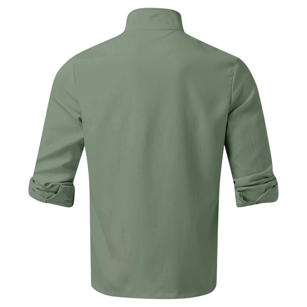 Men's Casual Stand Collar Half Door Cylinder Color Knot Cotton Linen Long Sleeve Shirt