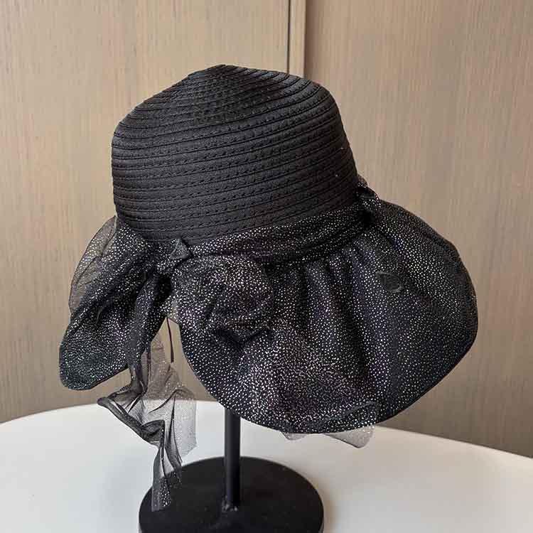 Summer bright silk bow streamer sun hat ladies elegant bucket hat travel big edge sun protection beach hat