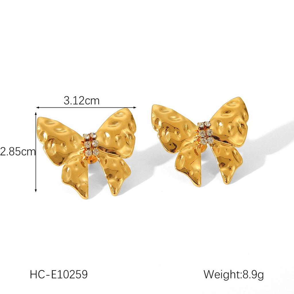 18K Gold French-Style Bow Studs with Titanium Steel, Butterfly, and Pearl Accents
