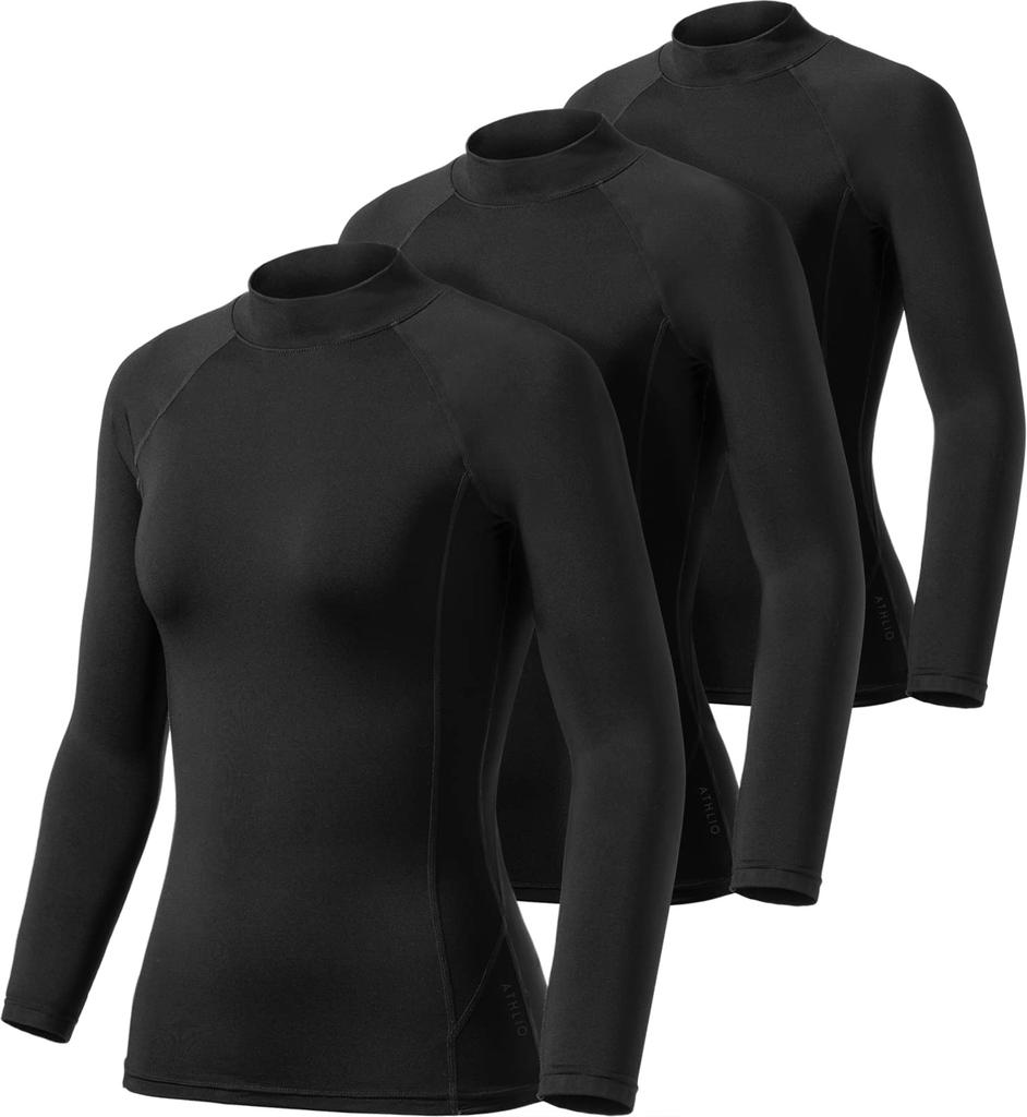 ATHLIO Long Sleeve High Neck Compression Winter Loungewear for and Women's Innerwear, 3-Pack [Moisture Wicking, Stretchy, Fleece-Lined], Multi-Purpose