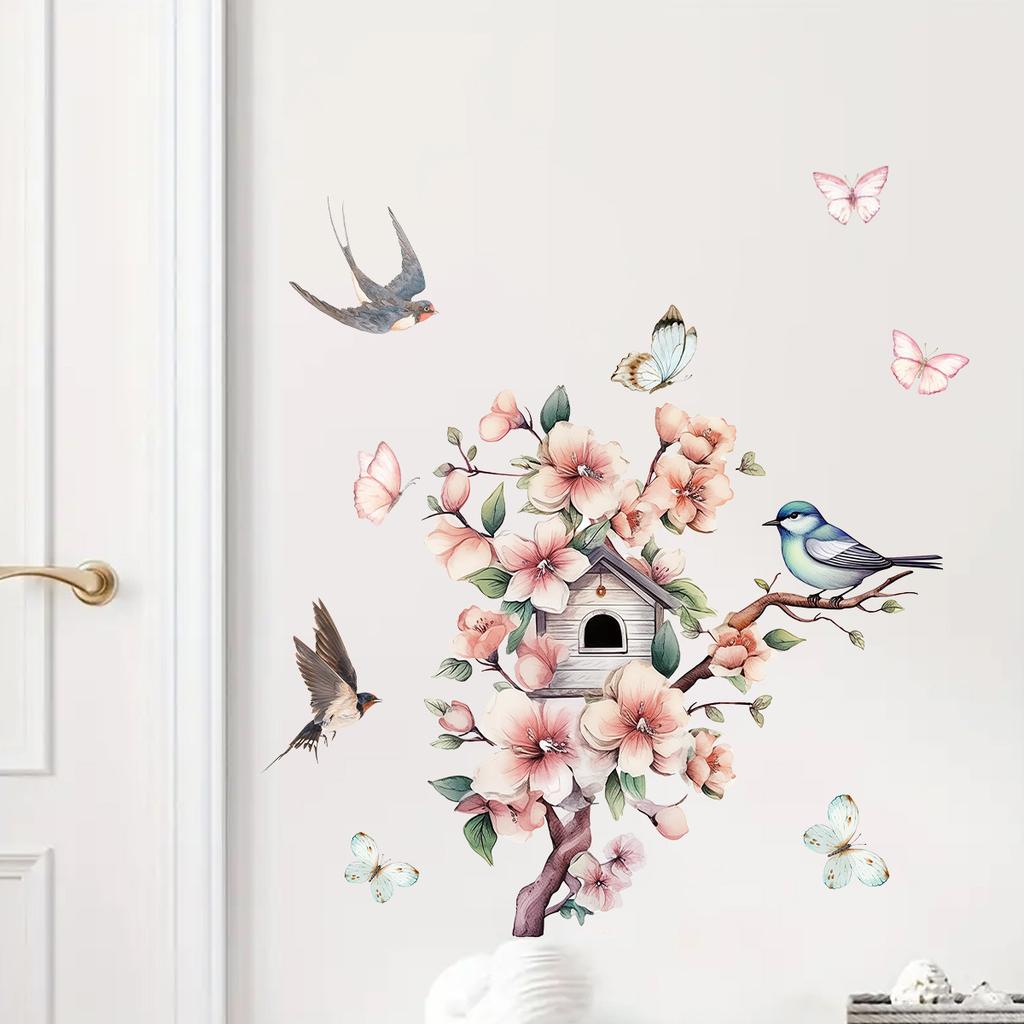 Cartoon Peach Blossom Branch Bird Swallow Wall Stickers, Self-Adhesive Decor for Living Room Room Background Wall Decoration