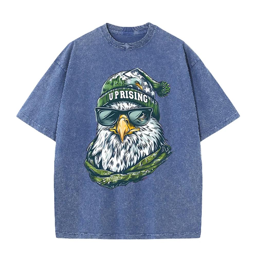 2026 Cool Eagle Uprising Graphic Print Unisex T Shirt Vintage Washed Short Sleeve Crew Neck American Streetwear Casual Tee