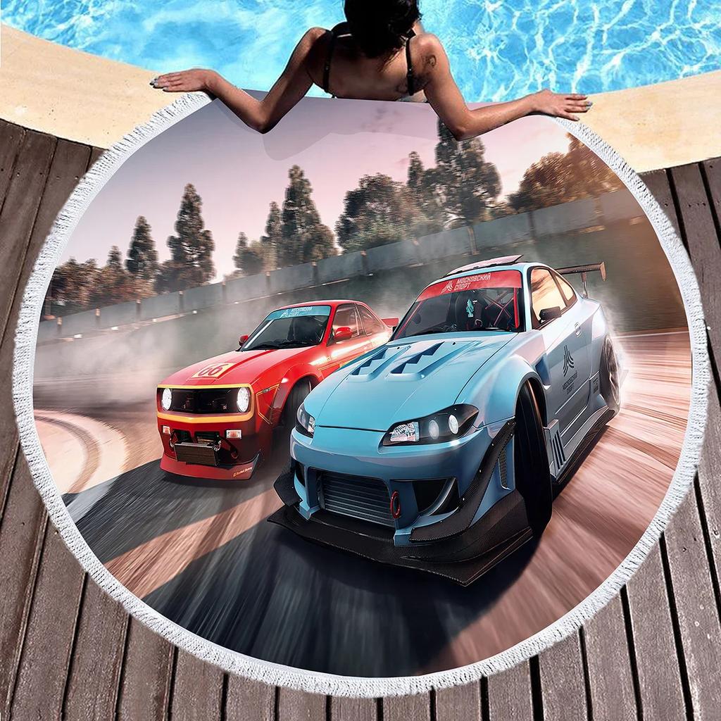 Sport Car Round Beach Towel,Cool Racing Print Sand Resistant Beach Blanket,Absorbent Quick Dry Pool Towel Portable Picnic Mat