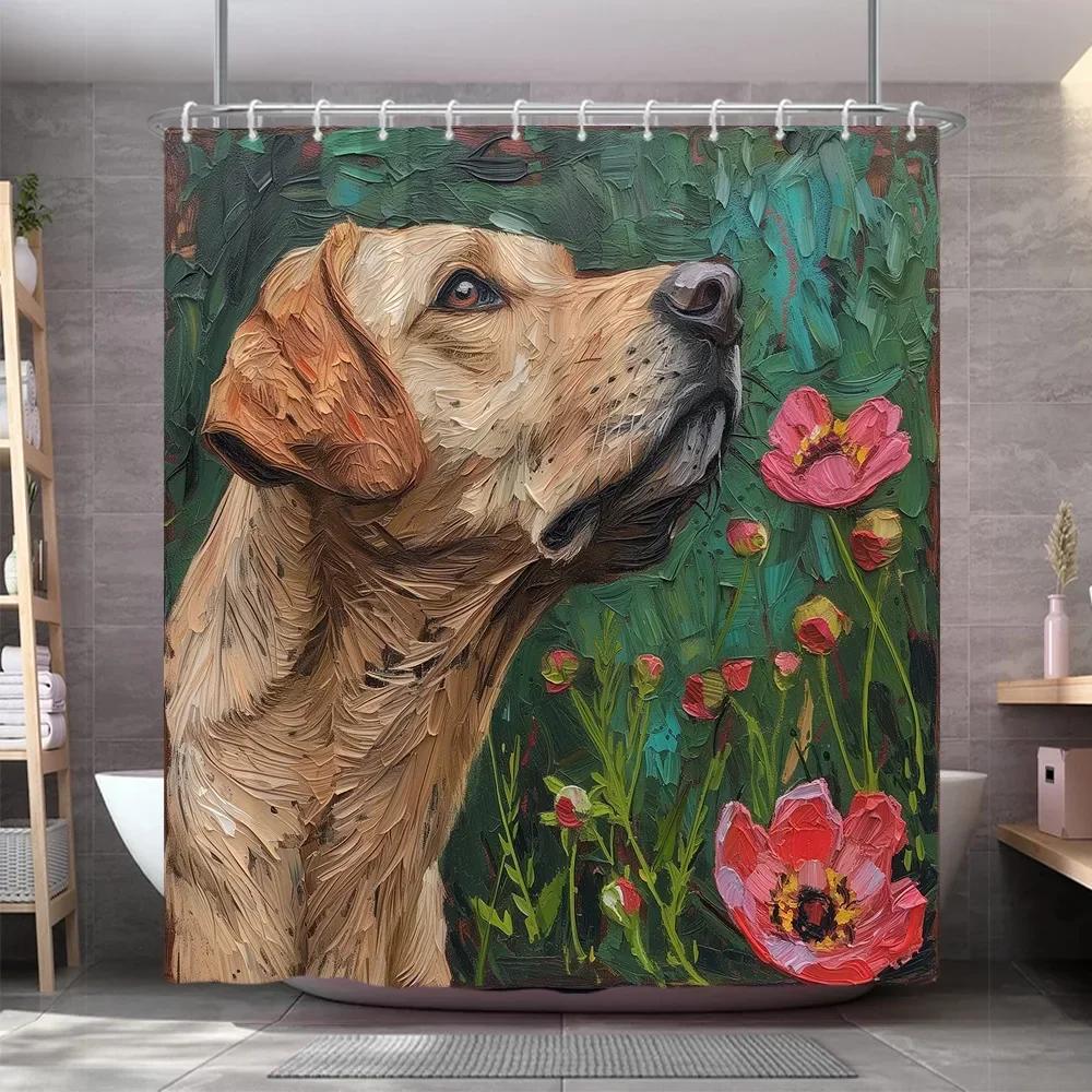 Funny Dog Shower Curtain Popular Cute Pet Oil Painting Art Creation Polyester Fabric Shower Curtains Bathroom Decor With Hooks