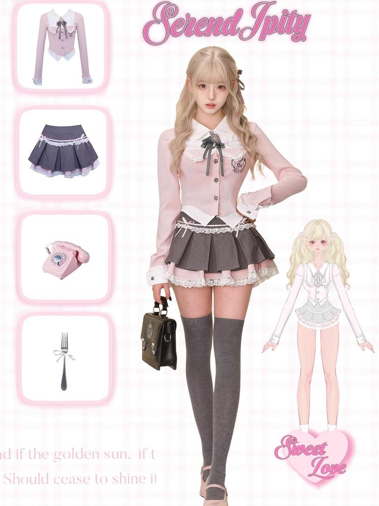 Jundakara Dress Feminine Pleated Tiered Lace Ruffles with Long Korean Korean Lolita Perfect for Size S Women's 3-Piece Set, Ribbon, Sleeves, Style,