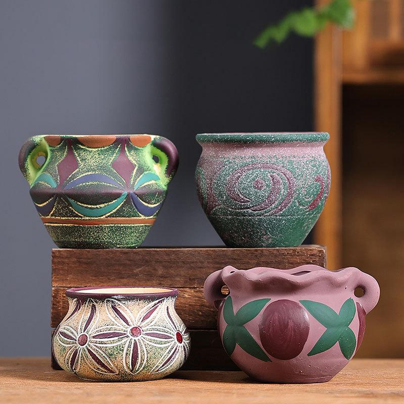 Creative Succulent Flower Pots Coarse Pottery Ceramic Retro Hand Painted Flesh Planter Flower Pots Home Garden Office Decor