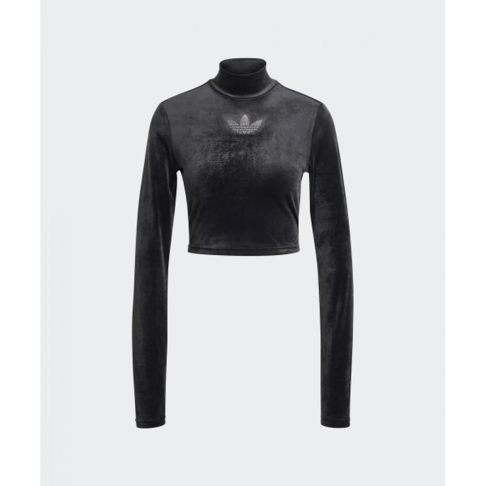 Adidas Rhinestone Velvet Long Sleeve Crop Top  Black Iw5674