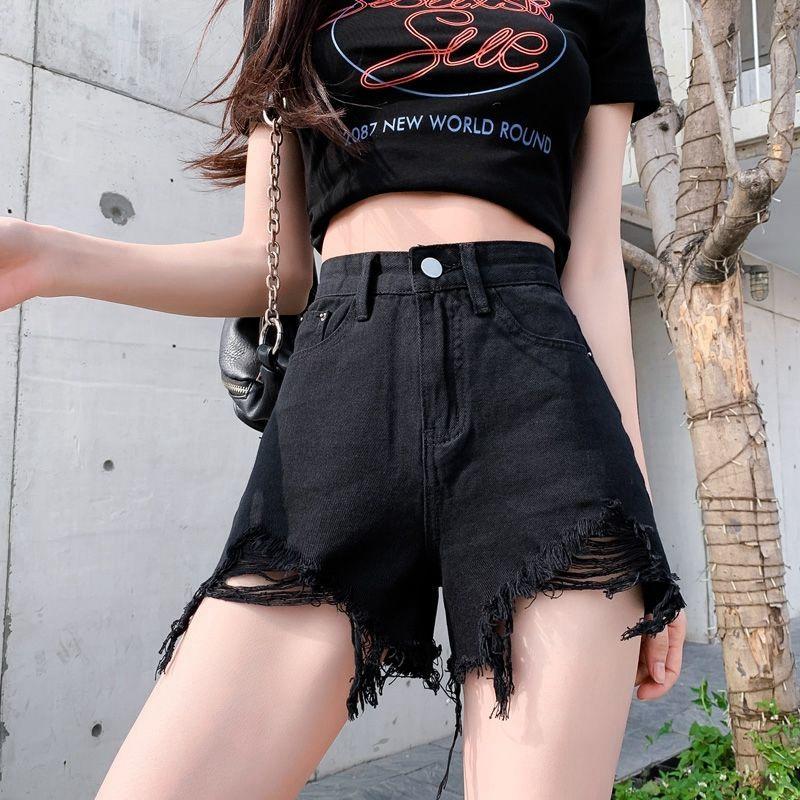 Spodnie Klasyczna i Minimalistyczna Moda Wszechstronne Dziury Damskie Lato Wysoki Stan Cienkie Do Noszenia na Zewnątrz Spodenki Jeansowe A-line Szerokie Nogawki Indywidualność