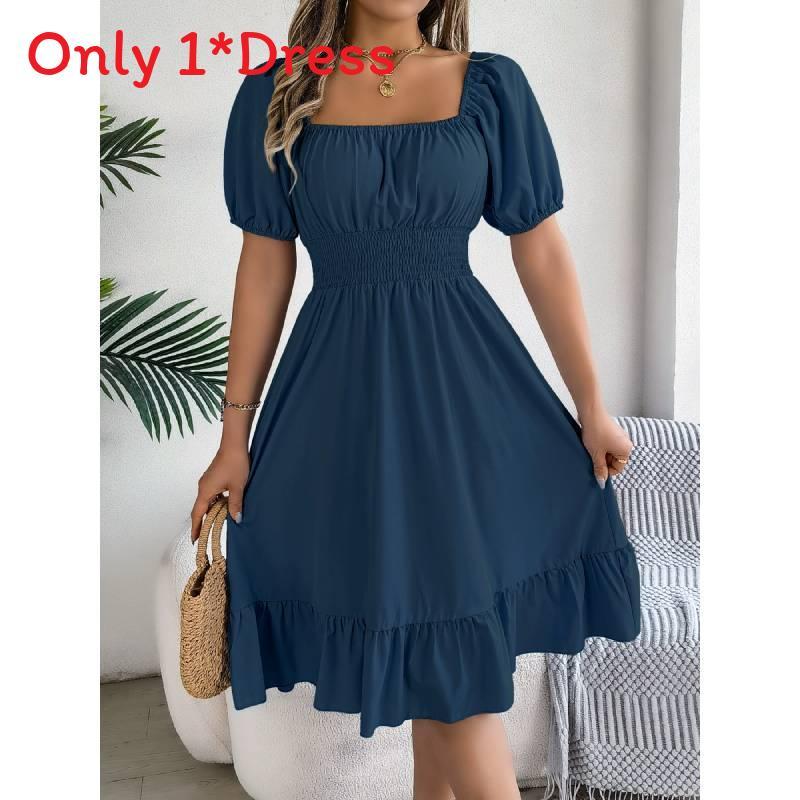 Euro Street Style Short Sleeve A Line Dress With Ruffle Hem For Casual Wear
