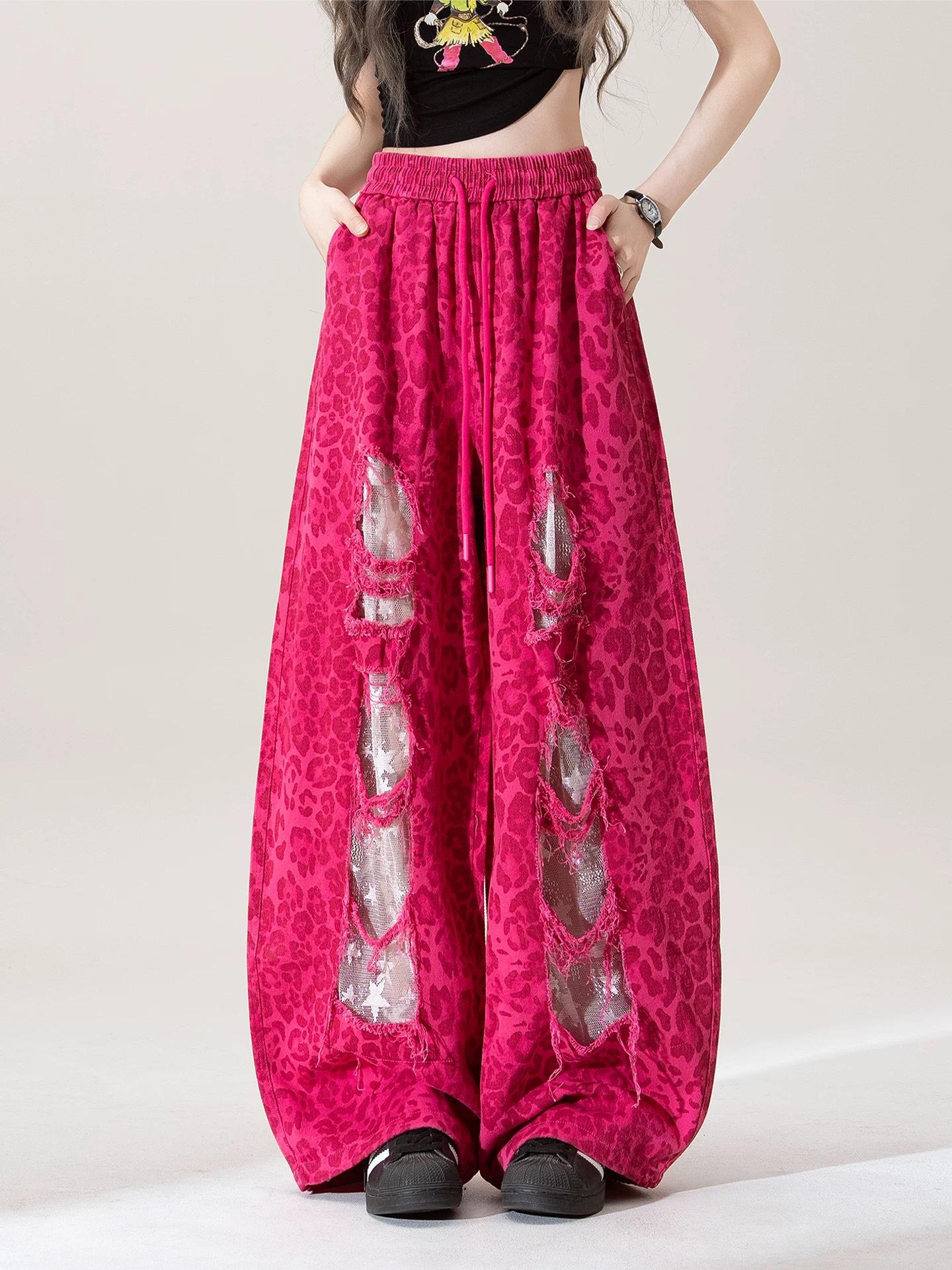 

Rose Red Leopard Print Lace Patchwork Ripped Women s Wide-Leg Summer Pants with Elastic Waist and Drawstring. L