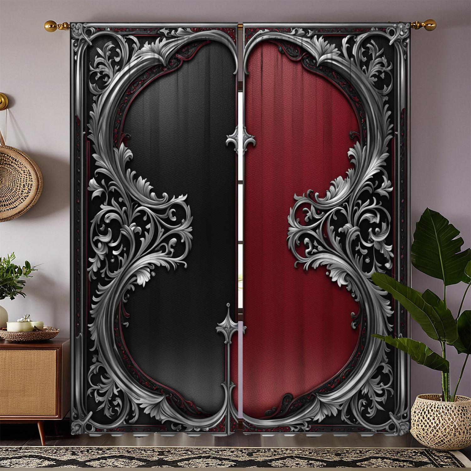 

Set Of 2 Classic Hd Digital Print Curtains Black Red Design Living Room Bedroom Study Decor Curtain For Area Made Polyester W100*H70(CM)-Rod Pocket&1PCS
