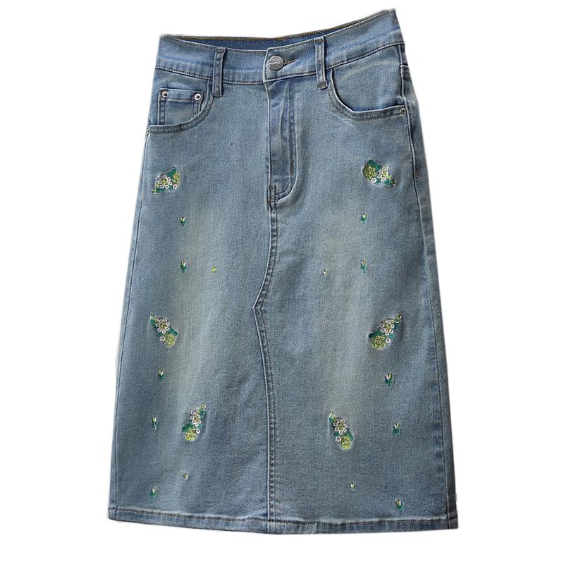Dimanaf 2025 Plus Size Summer Denim Skirts Women Clothing Blue Floral Fashion A-Line Jeans Skirt High Waist