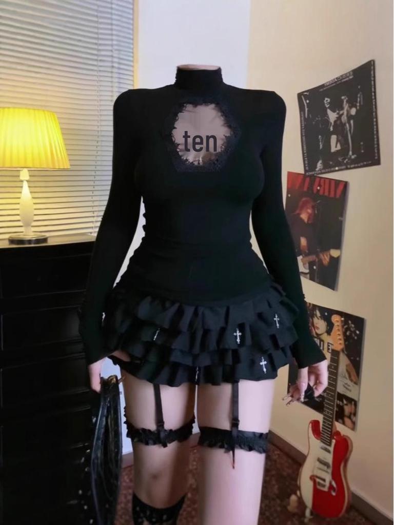 Spicy Gothic Cross Cutout High Neck Transparent Women's Streetwear Top