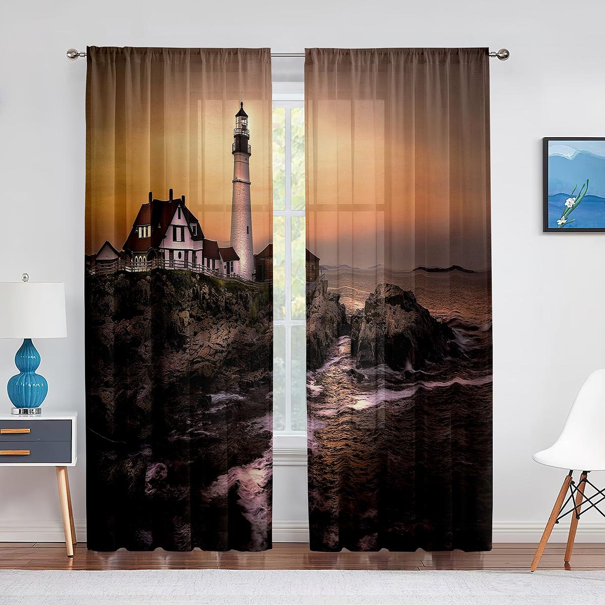 

Тюлевые шторы с маяком и скалами на побережье, кухонный домашний декор, шифоновые прозрачные шторы из вуали для гостиной, спальни 1 PCS W100XH250cm&Grommet Top