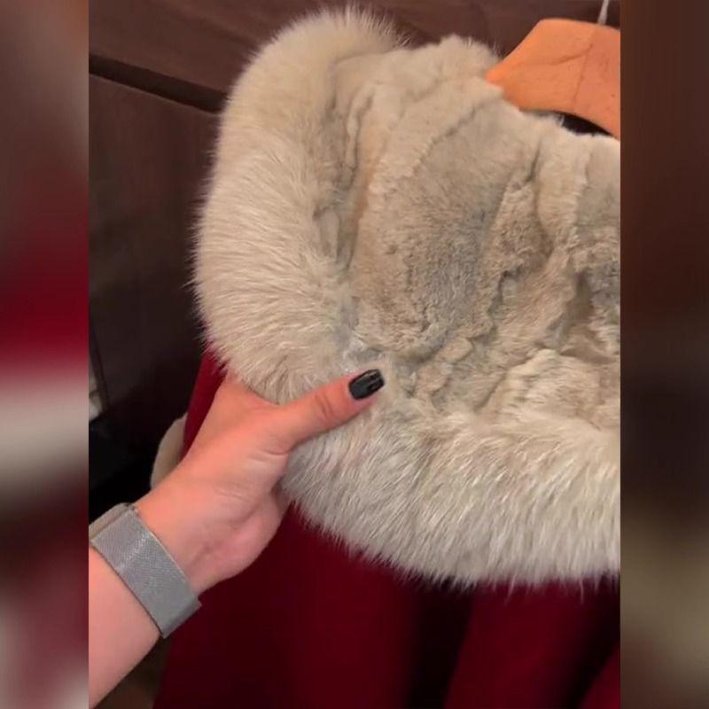 Dívčí vlněný flísový kabát s velkým kožešinovým límcem, korejský styl, silný, módní, na podzim/zimu 2024