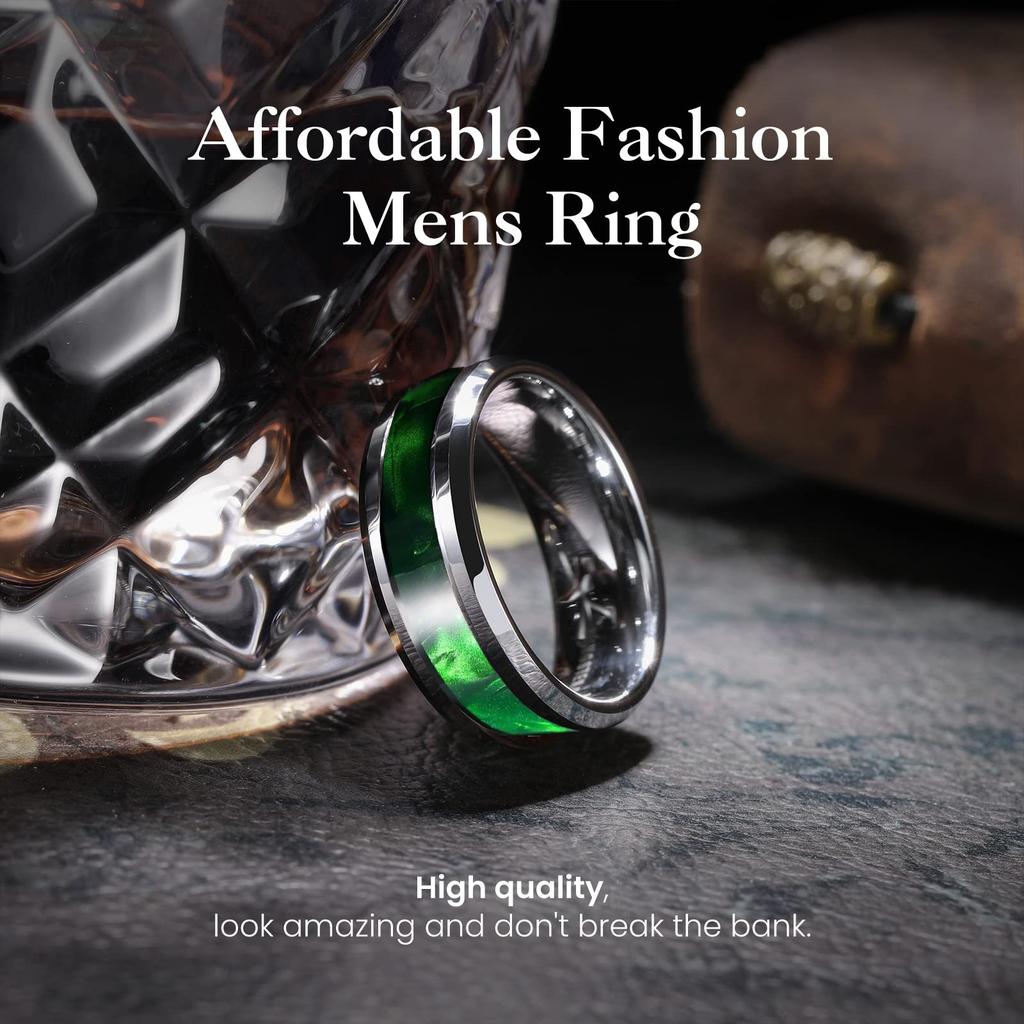 8mm Titanium Stainless Steel Rings for Men Women High Polished Inlay Green Shell Men Promise Rings Wedding Party Jewelry