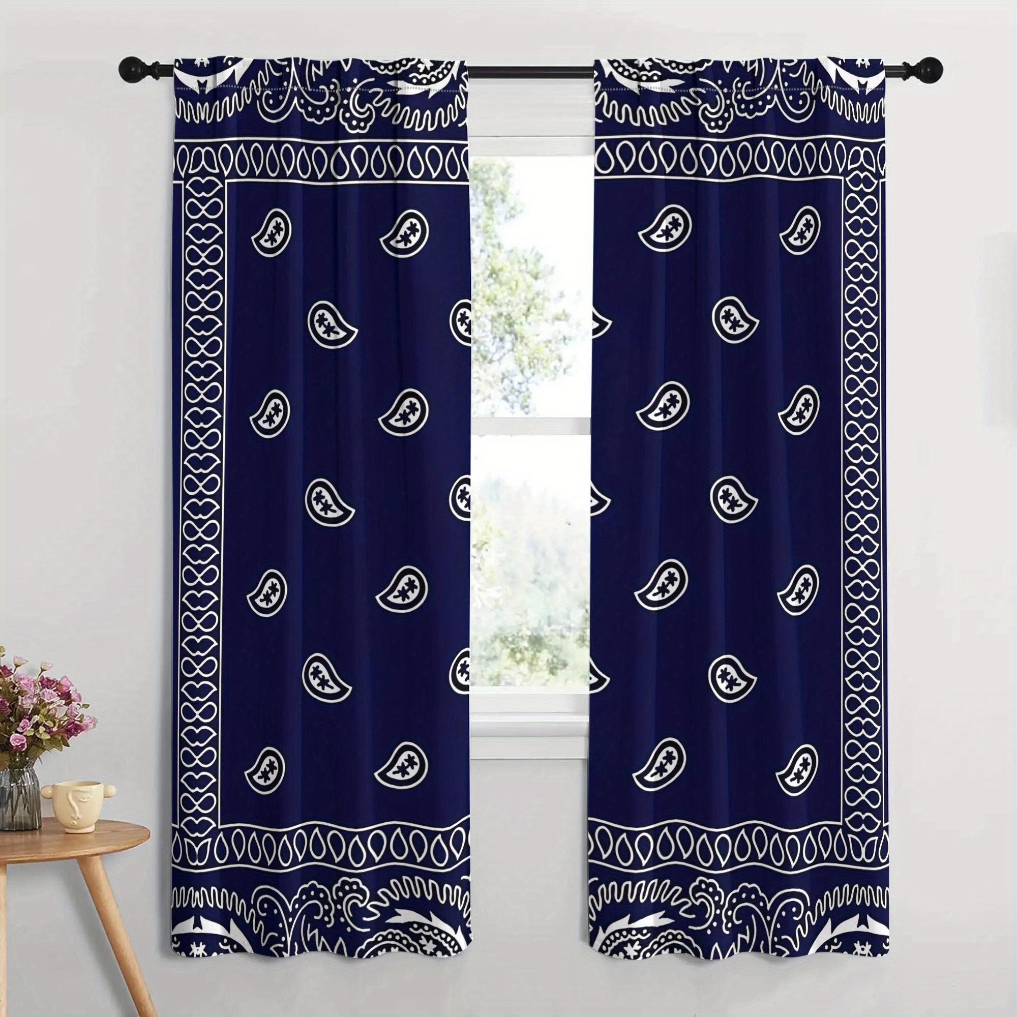 2pcs Navy Blue Bandana Print Curtains - Modern Rod Pocket Window with Geometric Patterns, Light Filtering, Machine Washable 60×150
