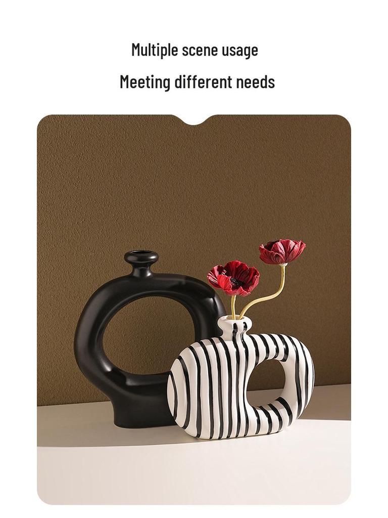 Elegant Wabi-Sabi Ceramic Vase with Black and White Stripes - Perfect for Living Room Decoration and Floral Arrangements