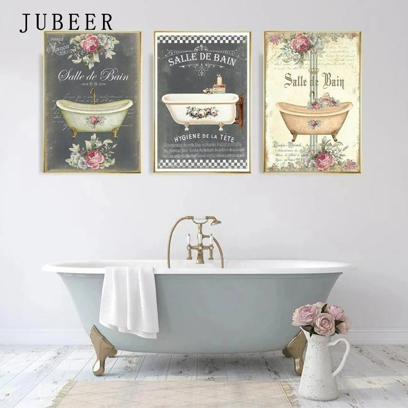 Vintage French Style Posters Bathroom Bathtub Canvas Painting Decoration Watercolor Floral Room Decor Wall Art Painting Pictures