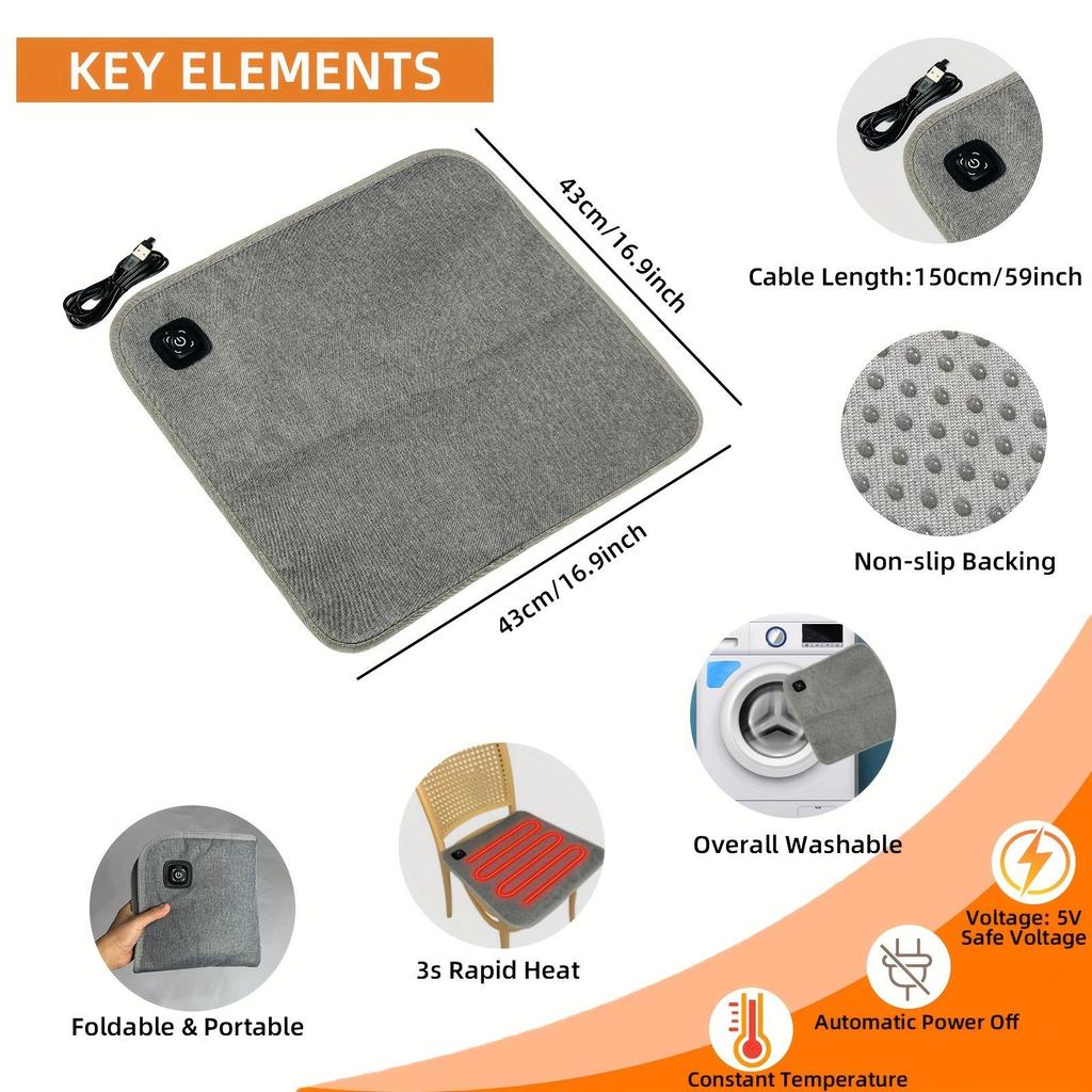 3-Level Adjustable Temperature USB Portable Heating Seat Cushion | Gray Oxford Fabric Material for Outdoor Heated Chair and Back Support Pad