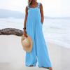 Women's Fashionable Solid Color Wide Leg Overalls Sleeveless Vest Pocket Casual Jumpsuit