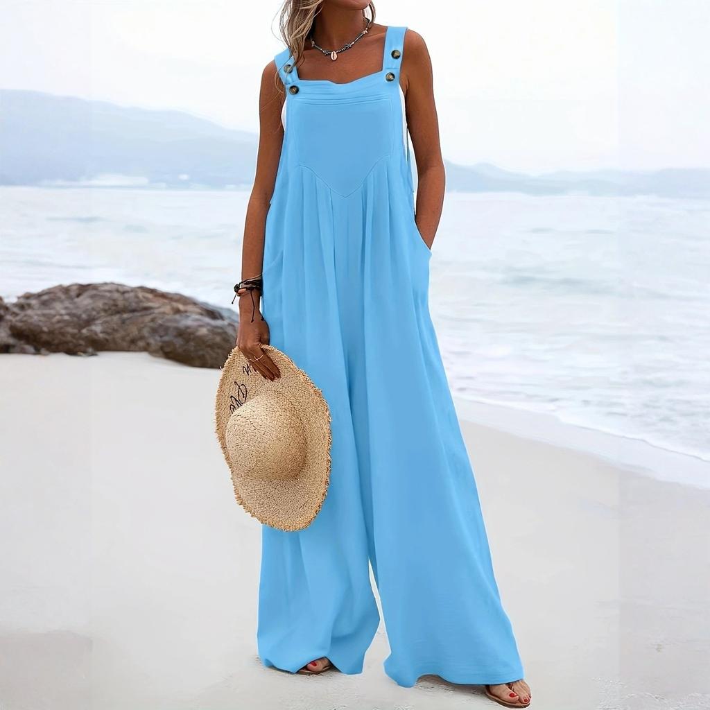 Women's Fashionable Solid Color Wide Leg Overalls Sleeveless Vest Pocket Casual Jumpsuit