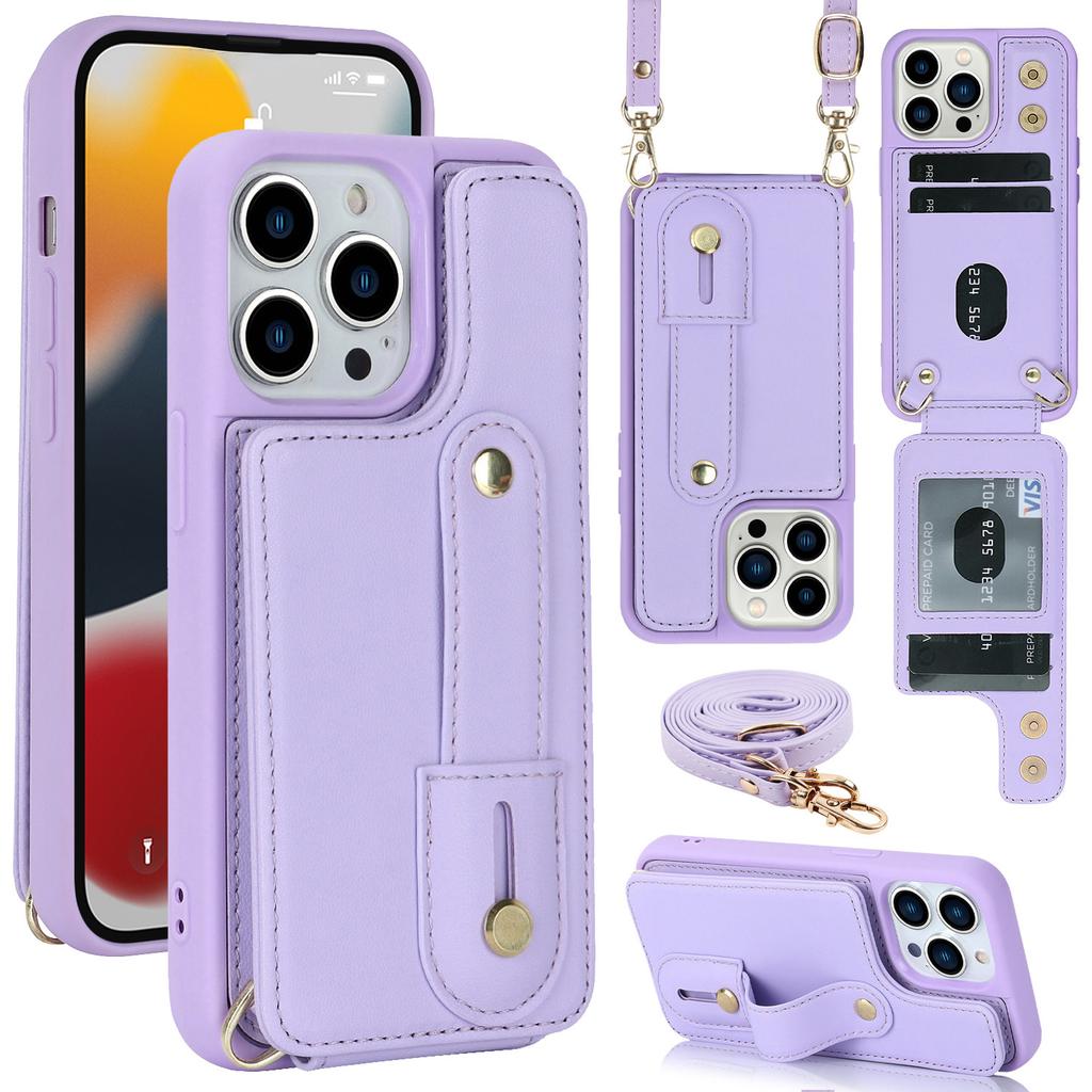 For iPhone 16 Pro Max Case Kickstand Card Slots Leather Coated TPU Cover with Shoulder Strap