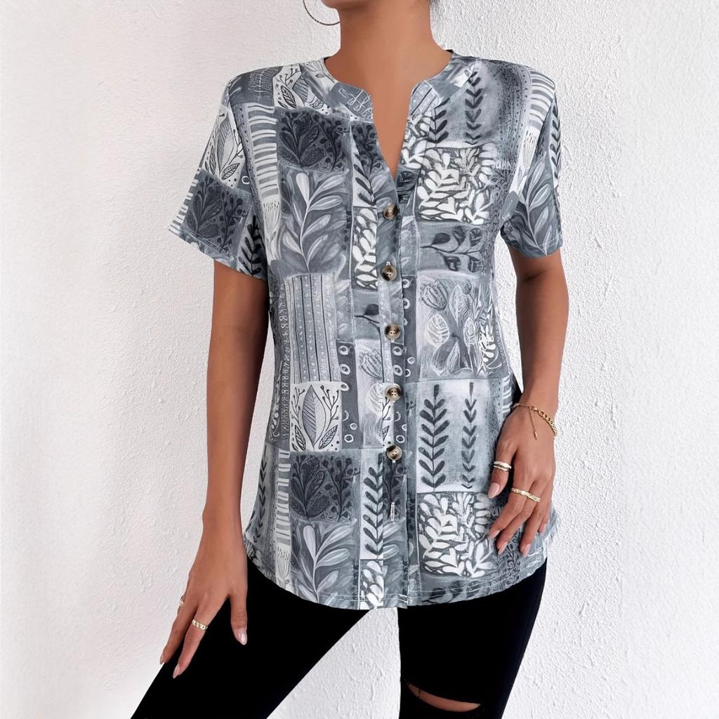 Summer Spring Women's Printed Short Sleeve Cardigan T-shirt, Fashion Casual Tops for Women, European American Style Crossbody Outwear