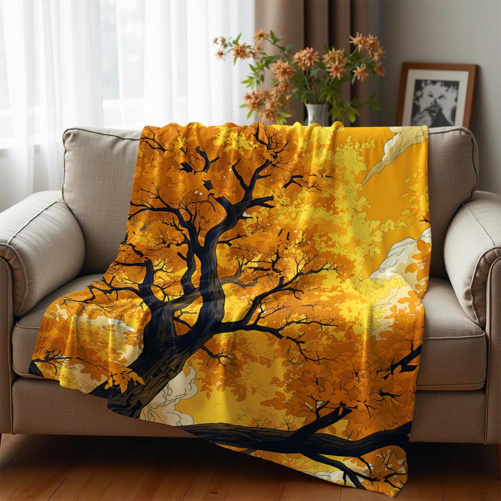 Anime Golden Autumn Tree Anime Cartoon Flannel Blanket Soft Warm Throw for Bedroom Sofa Car Kids Holiday Gift