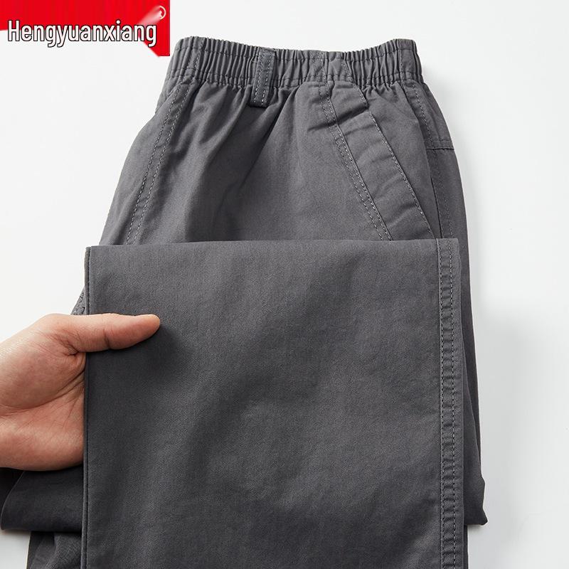 Hengyuanxiang Men's Plus Size Cotton Cargo Pants - Loose, Straight-Leg, Wide-Leg Trousers for Spring and Autumn