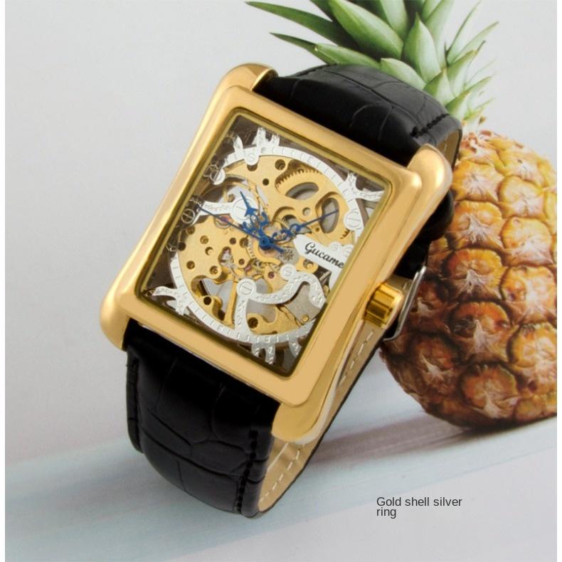 GUCAMEL Quadratische Uhr, transparente hohle mechanische Herrenuhr, manuelle mechanische Mode-Business-Gürteluhr