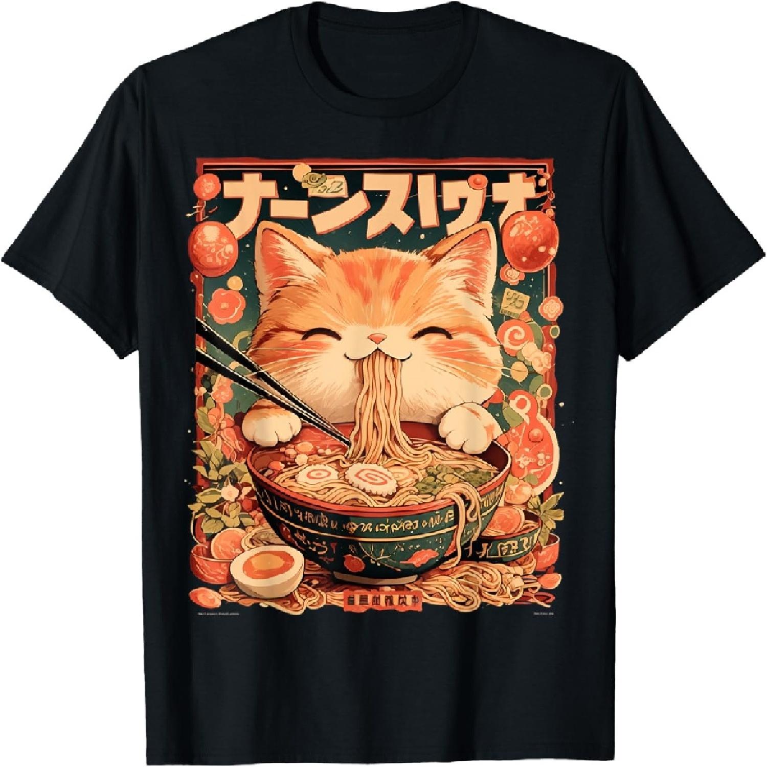 Японское искусство Рамен Кот Ниндзя Укиё-э Аниме Стиль Самурай Кот Футболка S