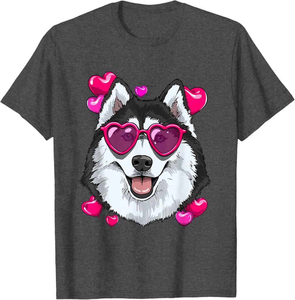 Husky Dog Heart Sunglasses Valentines Day Graphic Tee Soft Cotton Casual Short Sleeve Shirt