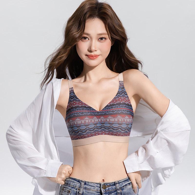 

Women s Summer Thin New Vintage Print Anti Droop Gather Together The Pair of Milk No Trace Underwear 34/75ABC синий