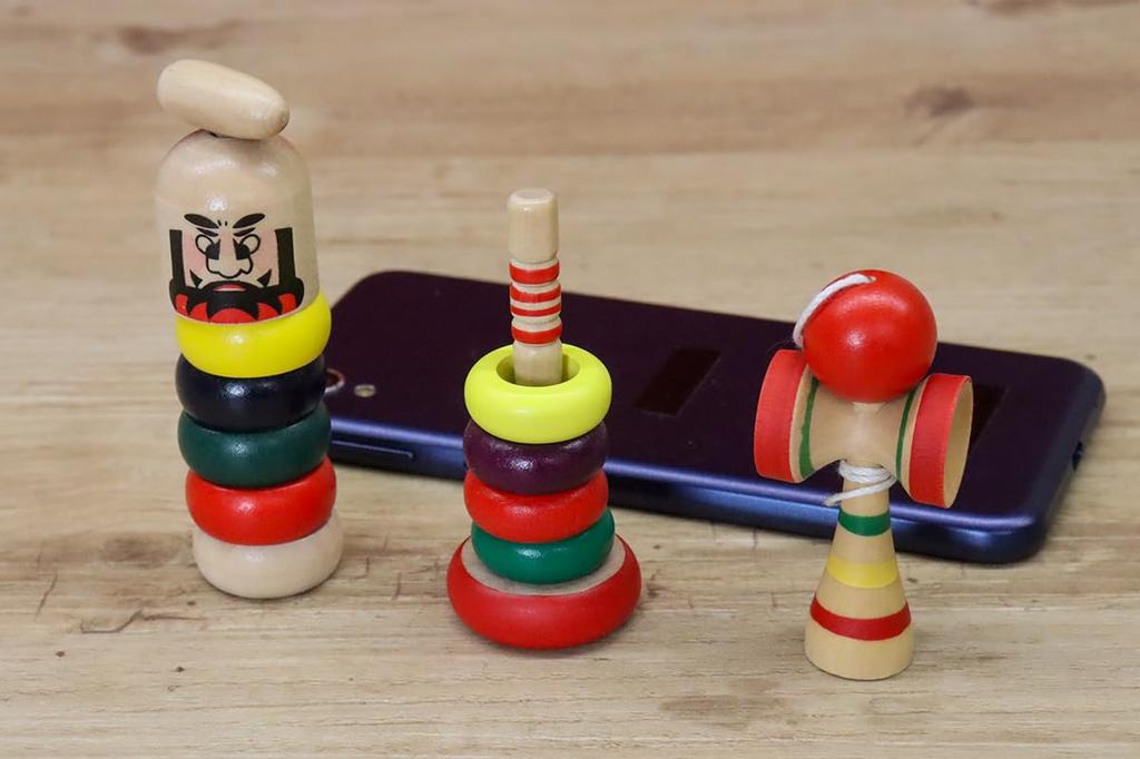 Miniature Japanese Traditional Wooden Toy Set of 3 Each of and Daruma (1 Wanage, Kendama, Drop)