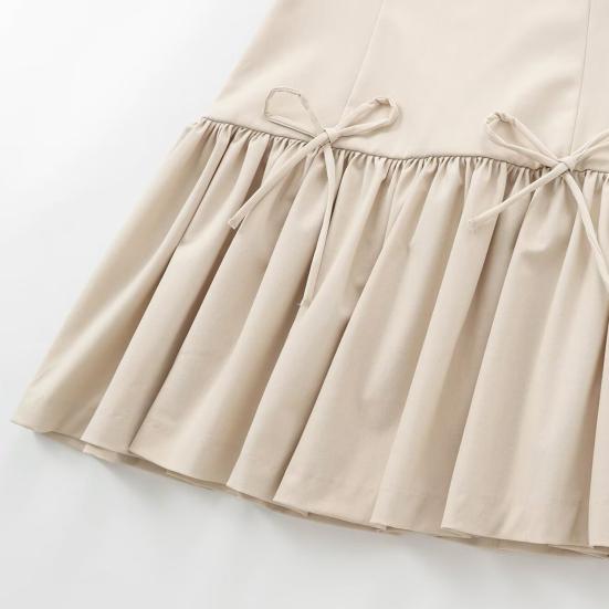 Women Summer Dress Sleeveless Bow Decor Pleated A-line Solid Color Mini Dress Back Zipper Closure