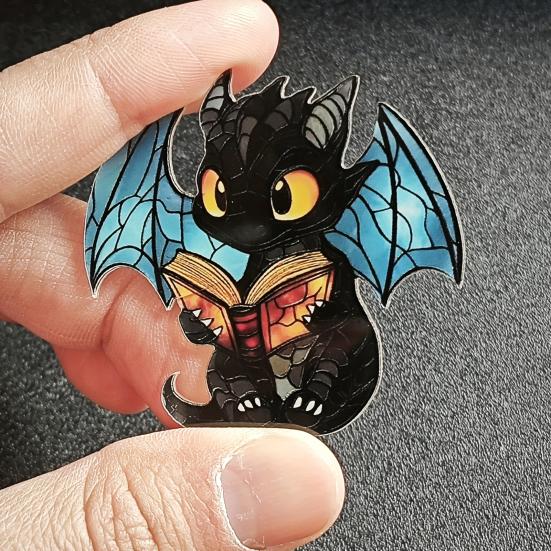 2D Book Fantasy Dragon Brooch Pin Acrylic Literary Gift for Readers
