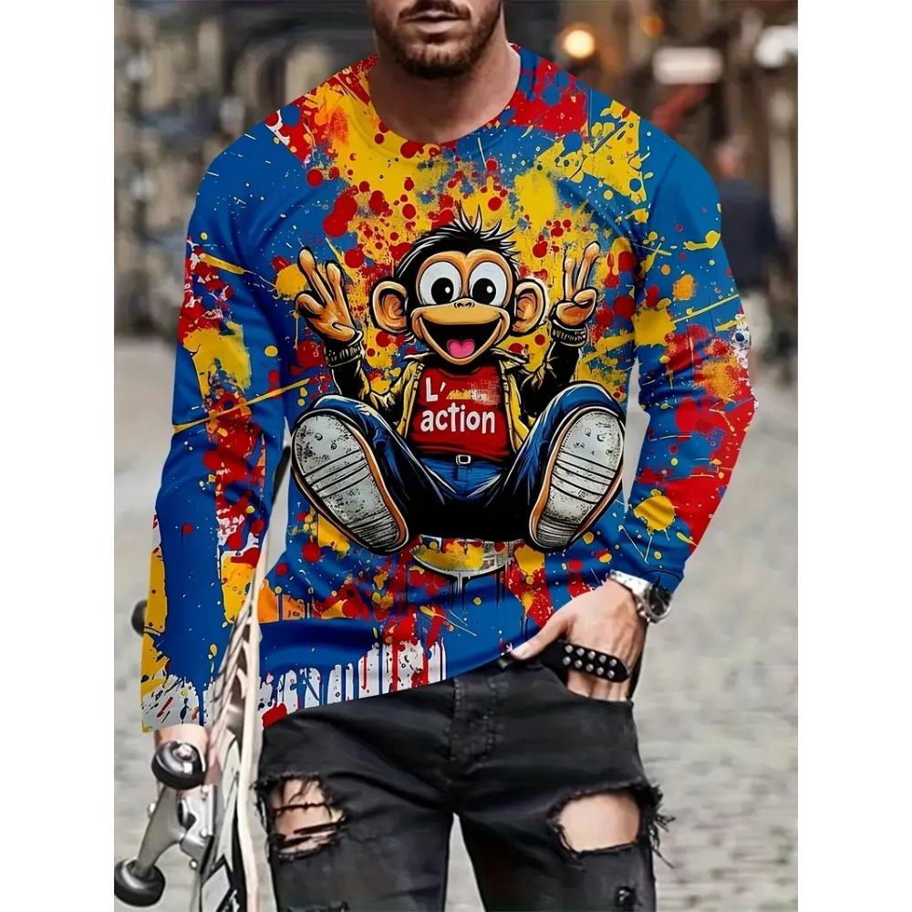 Cartoon Vibrant Rabbit Long Sleeve T-shirt Funny Animal Theme 3D Print T-shirt Man Casual Crew Neck T-shirt