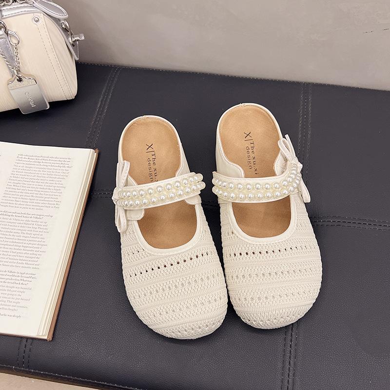 

Retro pearl thick-bottomed bag head slippers women s 2025 new summer wear non-slip heightening hollow sandals 35
