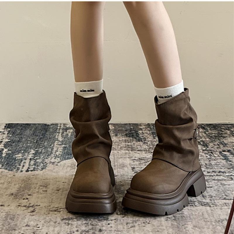 Maillard brown retro Martin boots women's 2025 new autumn and winter British style thick-soled pleated piled short boots