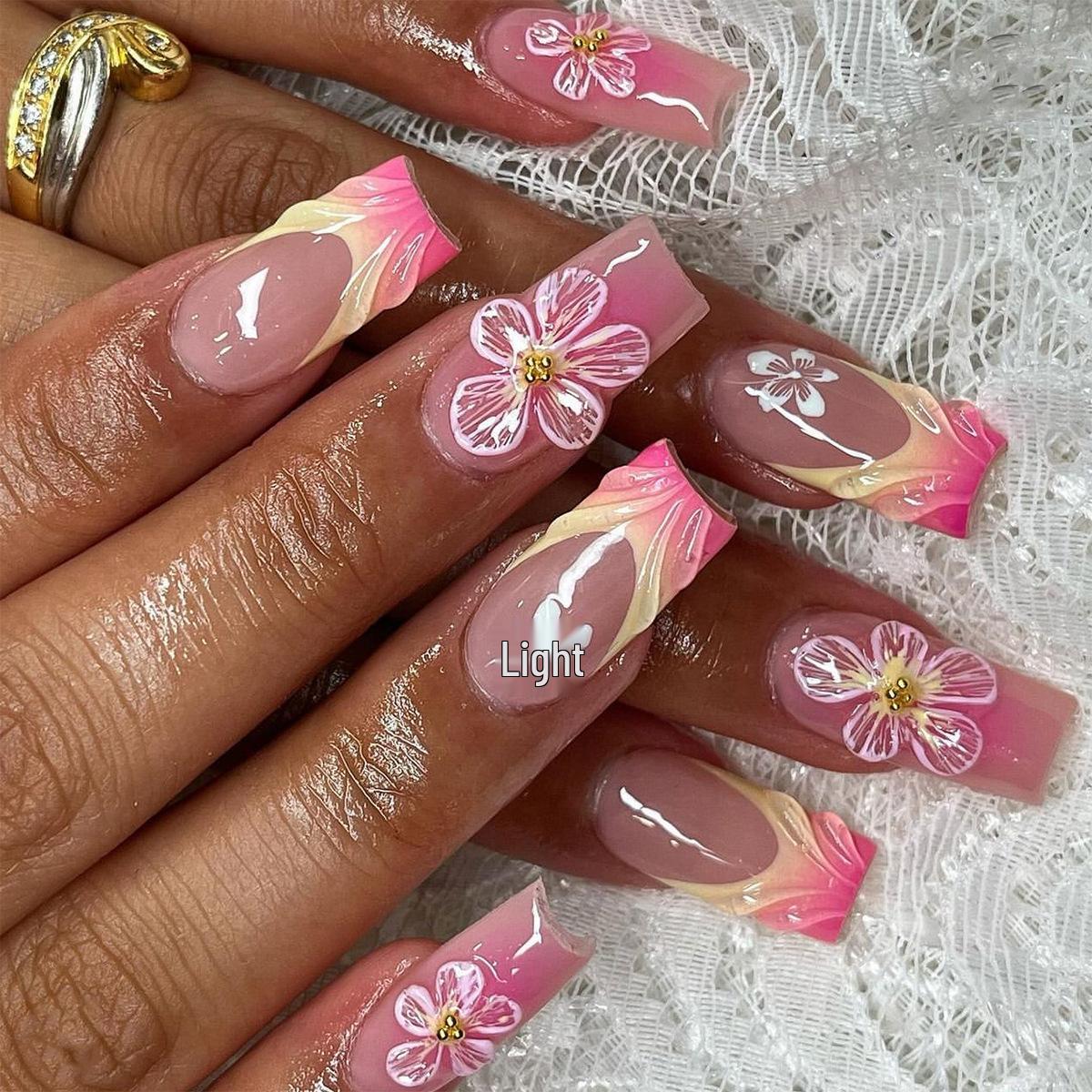 3D Blushed Gradient French Nail Art - Short Square Wearable Finished Flower Nail Tips